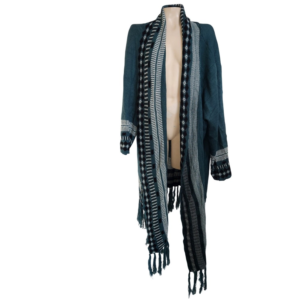 BloomChic Teal Tribal Geometric Fringe Open Front‎ Cardigan Plus Size 30 NEW
